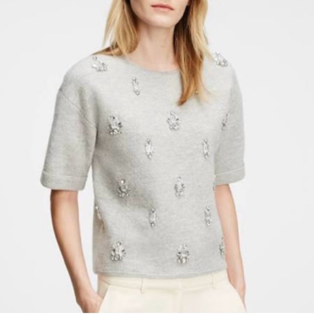 LOFT Light Gray Embellished Short Sleeve Top